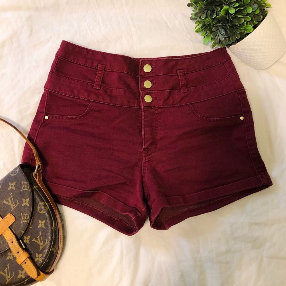 Refuge High Rise Shorts High Waisted Stretch Burgundy Red